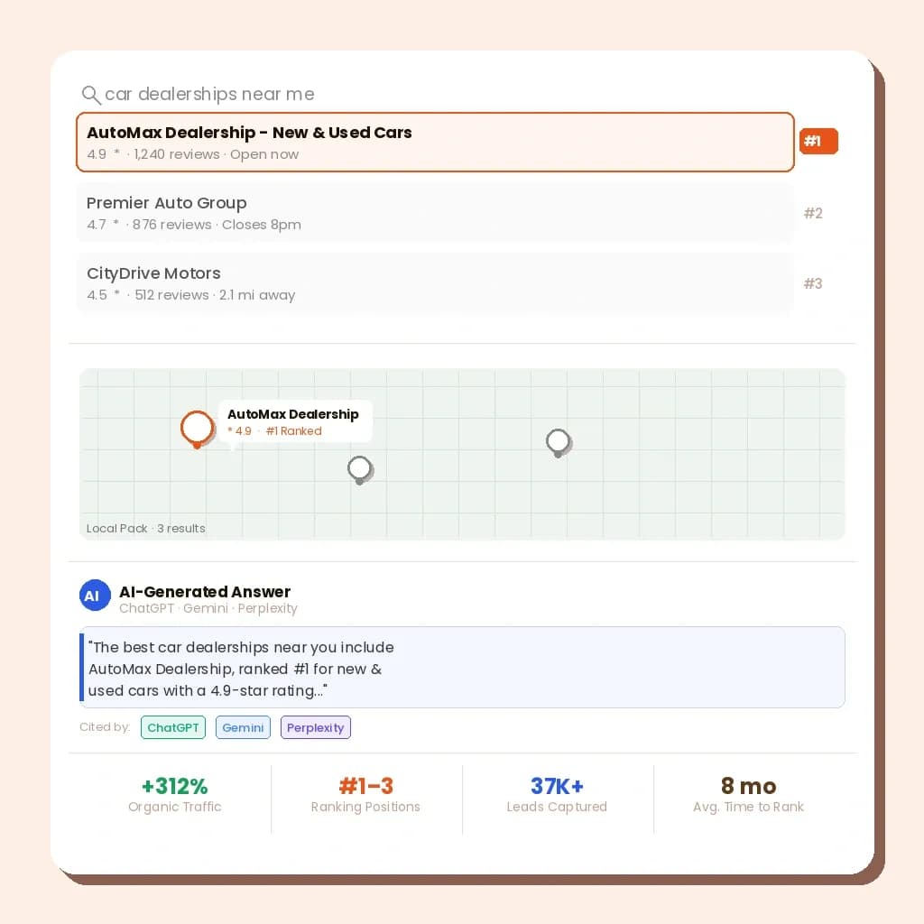 Automotive SEO results illustration showing a car dealership ranked #1 on Google search, local map pack placement, and AI-generated answer citations from ChatGPT, Gemini, and Perplexity
