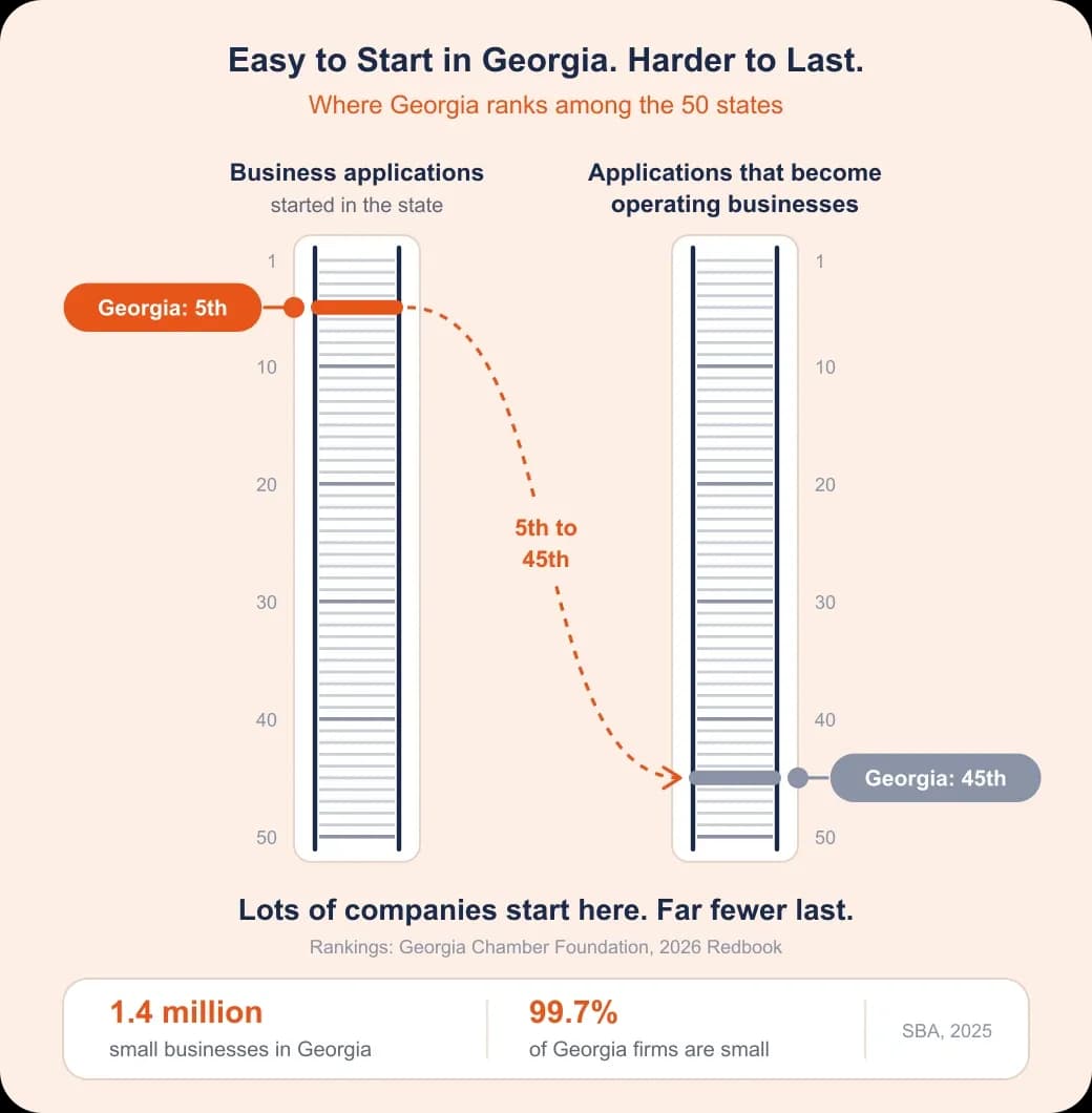 Georgia SEO problem and value: two 50-state ladders, Georgia 5th for business applications but 45th for those that last