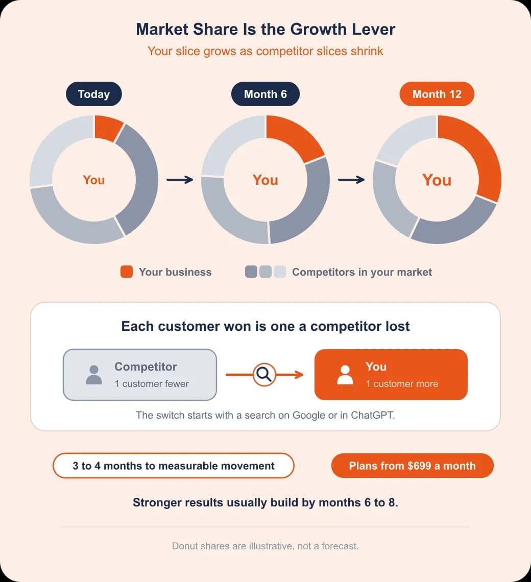 Illinois SEO investment comparison: donuts show your market share growing by month 12 as competitor slices shrink