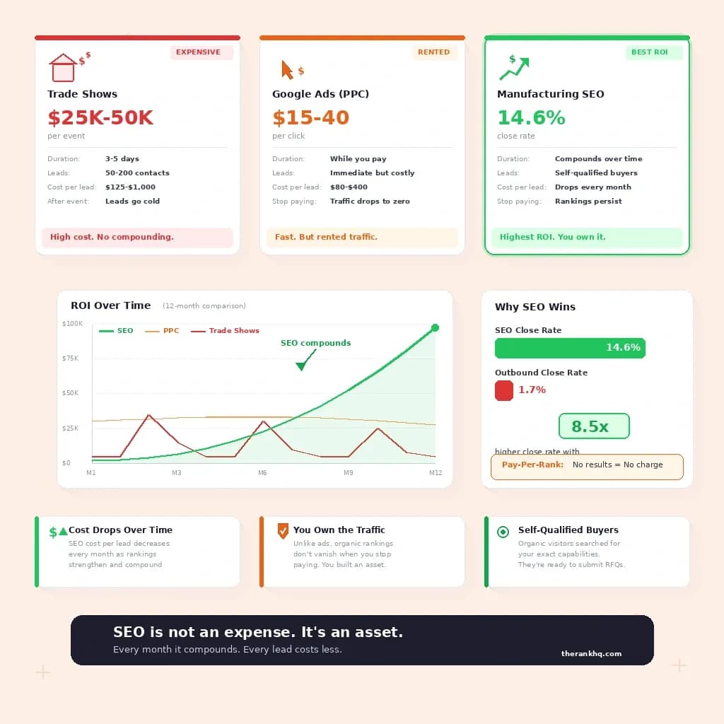 Manufacturing SEO ROI comparison – SEO vs PPC vs trade shows with compounding growth chart and 14.6% close rate