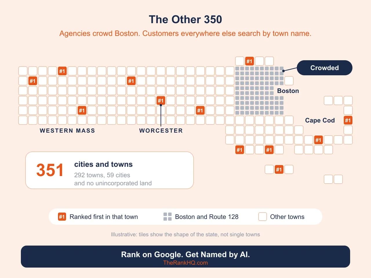 Massachusetts SEO company: state map of town tiles, Boston crowded in grey, orange #1 tiles across Western Mass, Worcester and Cape Cod