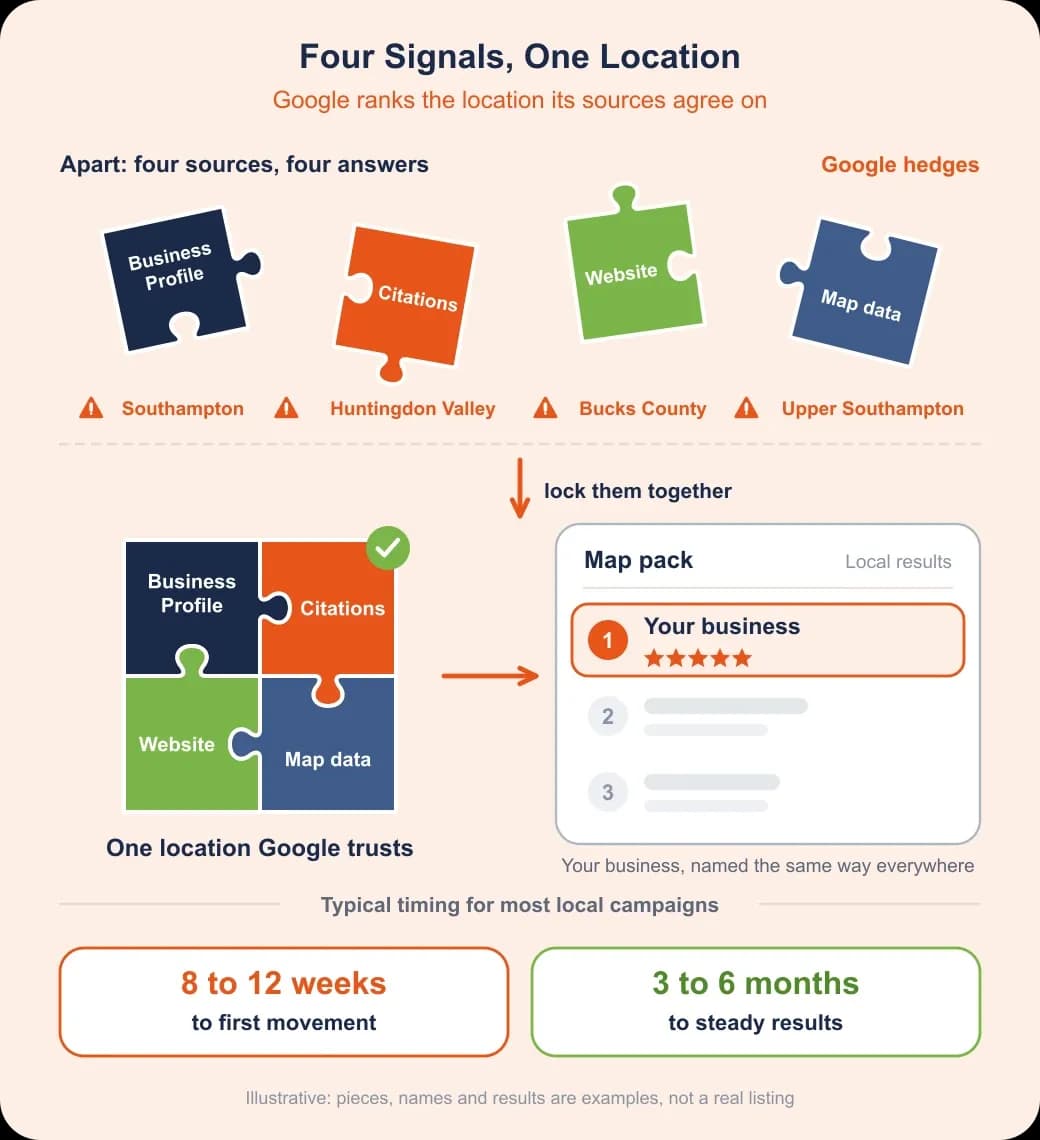 Pennsylvania SEO investment comparison: four mismatched puzzle pieces lock into one location Google trusts and a map pack win