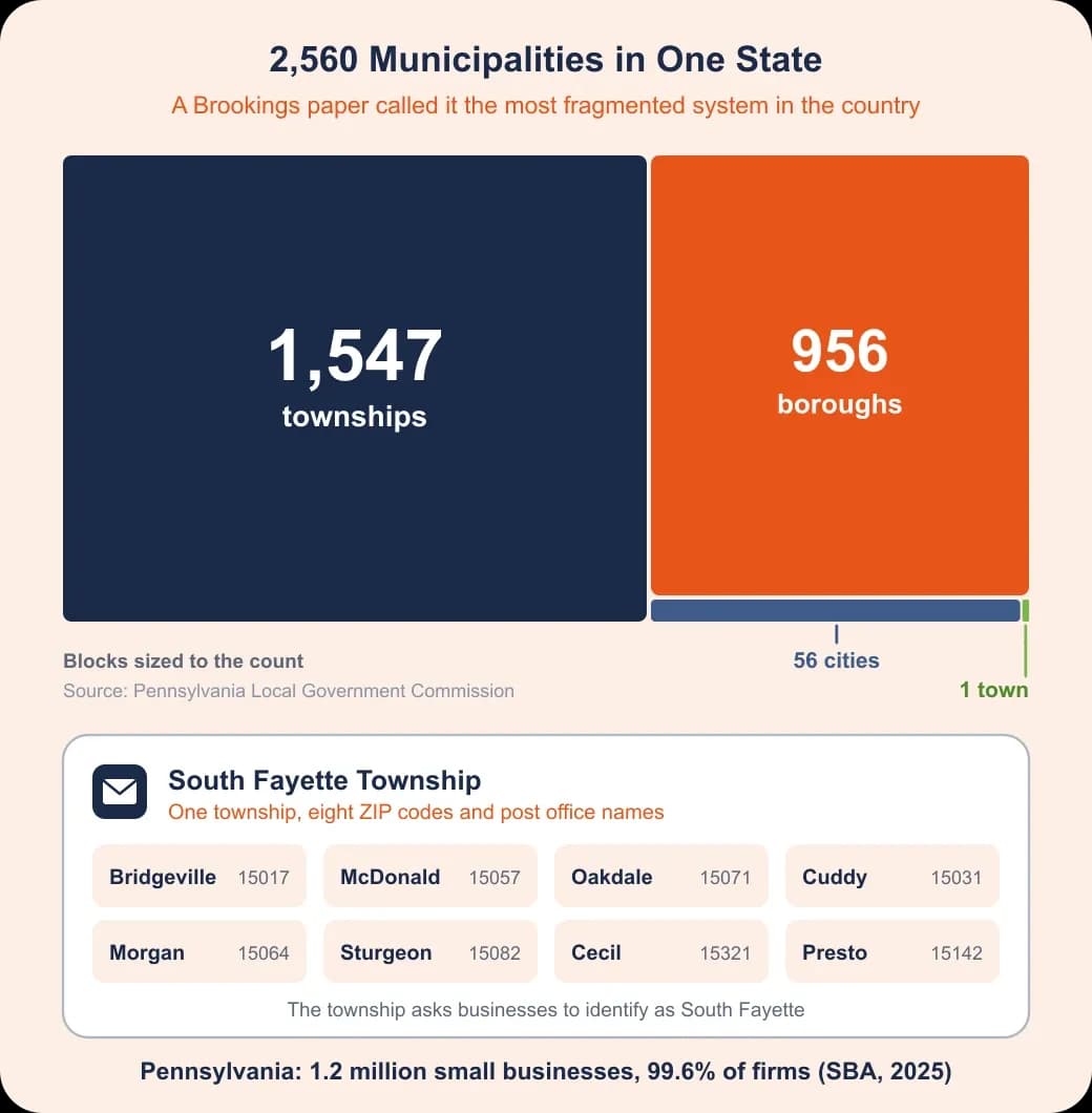 Pennsylvania SEO problem and value: treemap of 2,560 municipalities beside South Fayette Township's eight post office names
