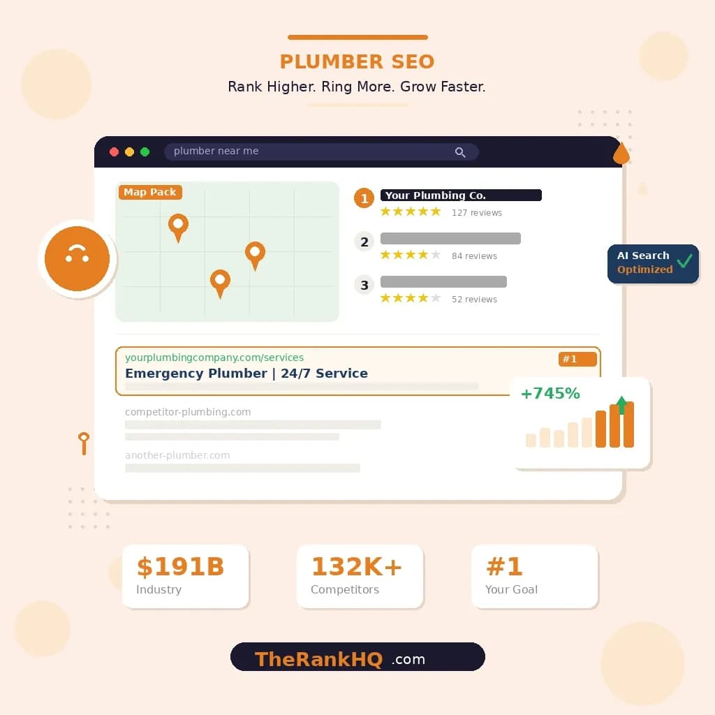 Plumber SEO results showing number one Google Map Pack ranking, organic search position, and 745 percent traffic growth