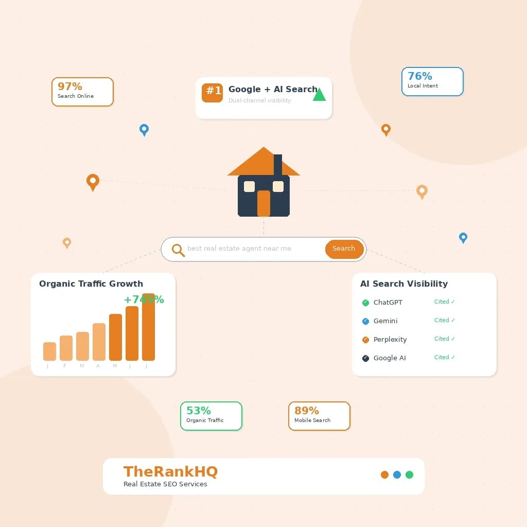 Real estate SEO services by TheRankHQ featuring dual-channel ranking on Google and AI search engines
