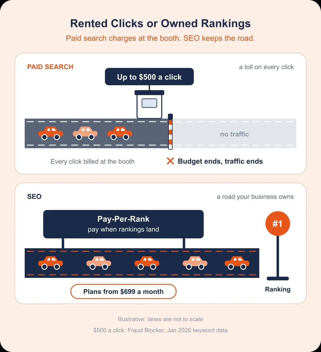 Washington DC SEO investment comparison: a toll road at up to $500 a click closes when budget ends; an owned SEO road leads to #1.