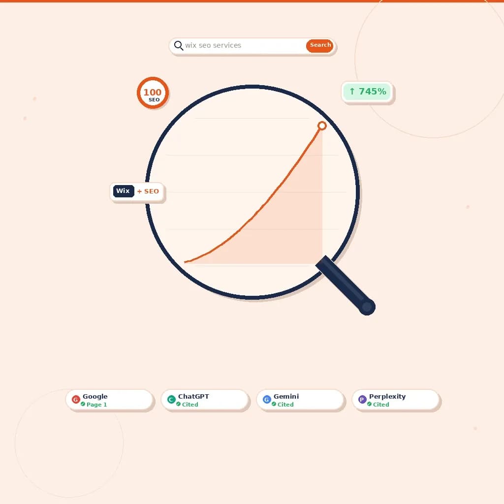 Wix SEO services growth curve inside magnifying glass with AI search citations