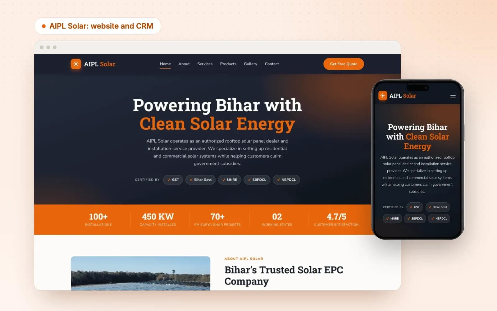 The AIPL Solar website on desktop and on a phone: "Powering Bihar with Clean Solar Energy", with its certifications and installation figures