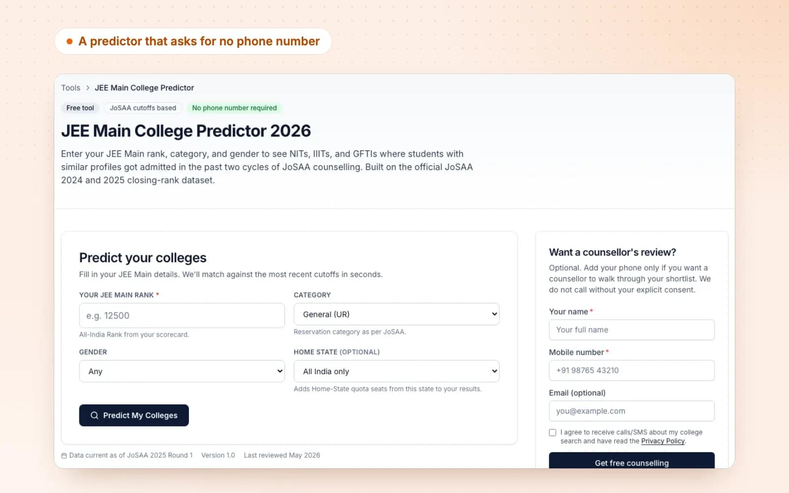The JEE Main College Predictor on Career Lume: a free tool based on JoSAA cutoffs, with no phone number required