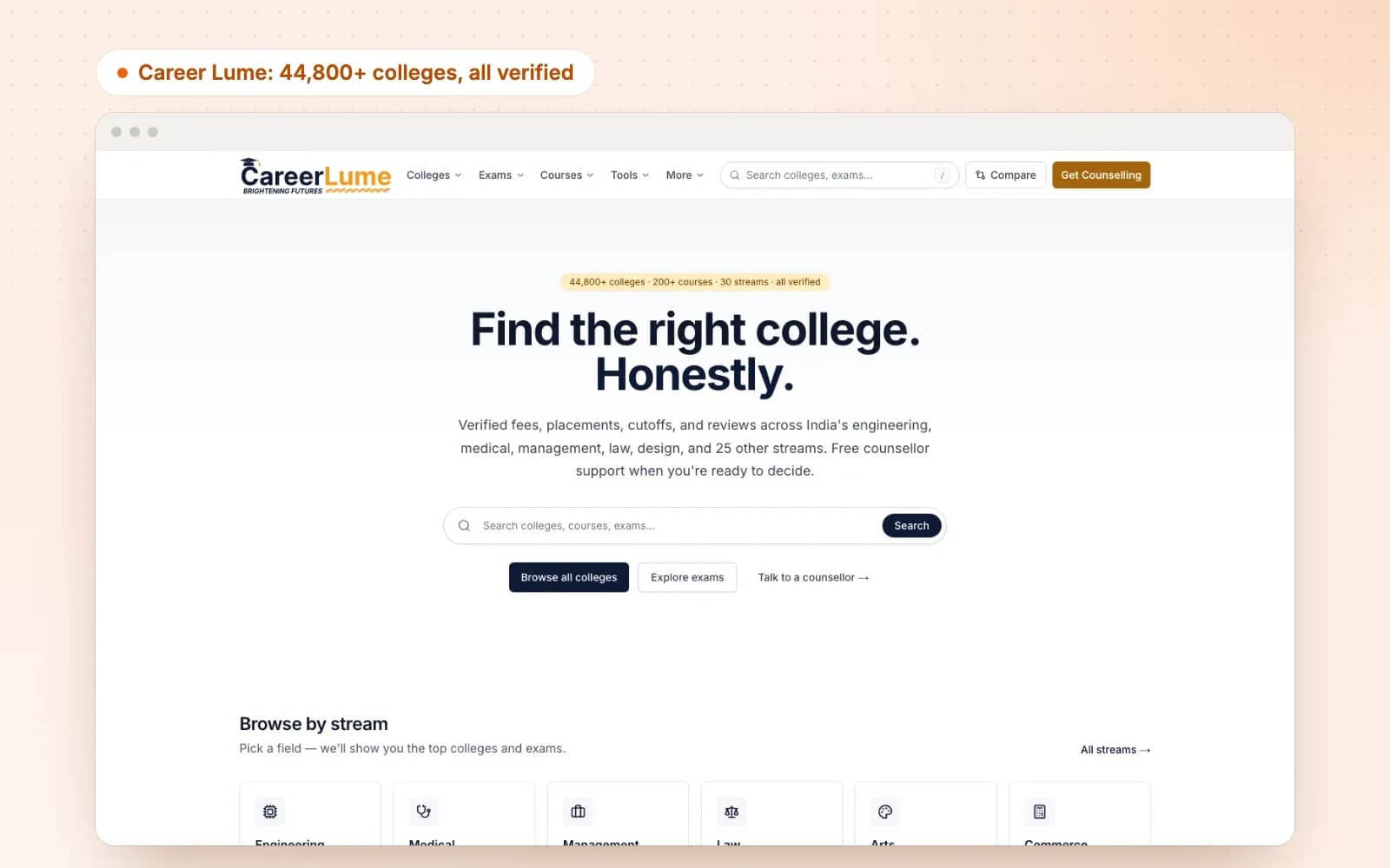 The Career Lume homepage: "Find the right college. Honestly." with a search box and 44,800+ colleges, 200+ courses and 30 streams, all verified