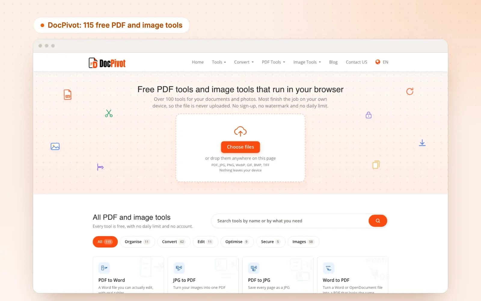 The DocPivot homepage: free PDF and image tools that run in your browser, with a drop zone for files and a grid of all 115 tools