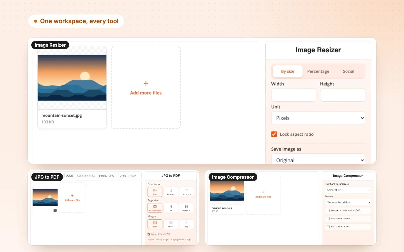 Three DocPivot tools, Image Resizer, JPG to PDF and Image Compressor, each with the same layout: the file on the left, the settings on the right