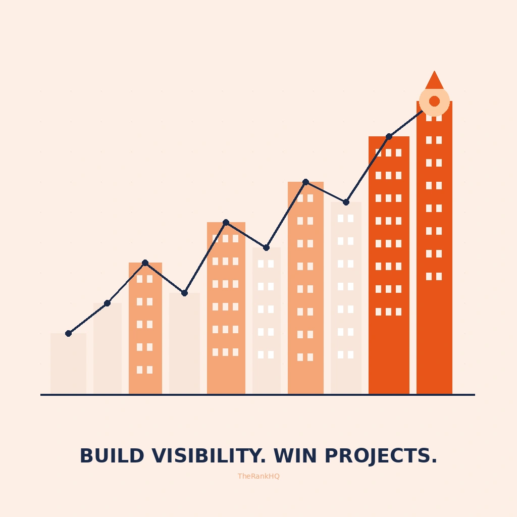 Rising building skyline with upward trend line showing SEO for Construction Companies growth
