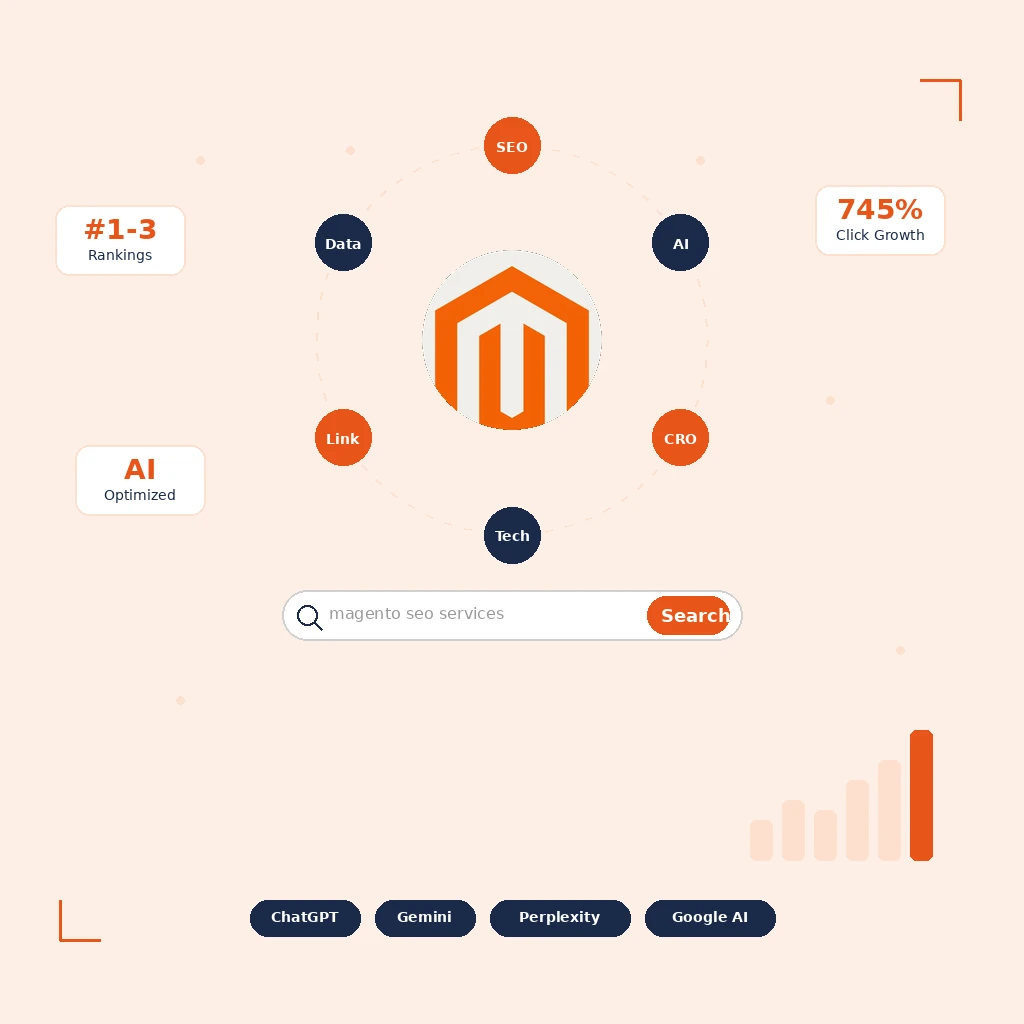 Magento SEO strategy hub with search bar, ranking metrics, and AI platform badges