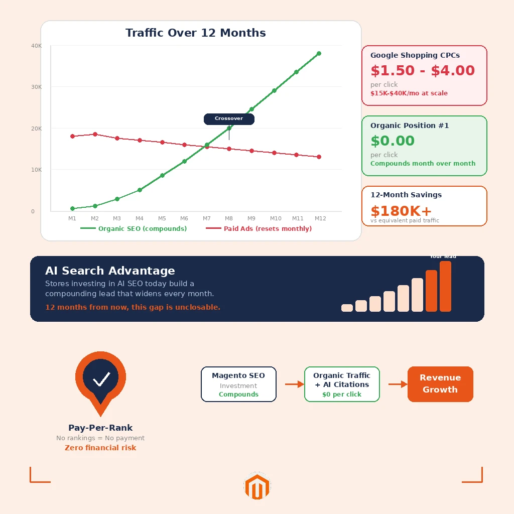 Magento SEO services ROI chart comparing organic growth to paid ads with Pay-Per-Rank guarantee