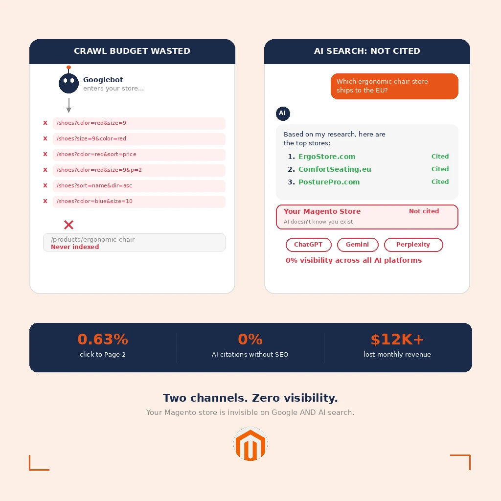 Magento crawl budget waste and AI search invisibility with key loss metrics