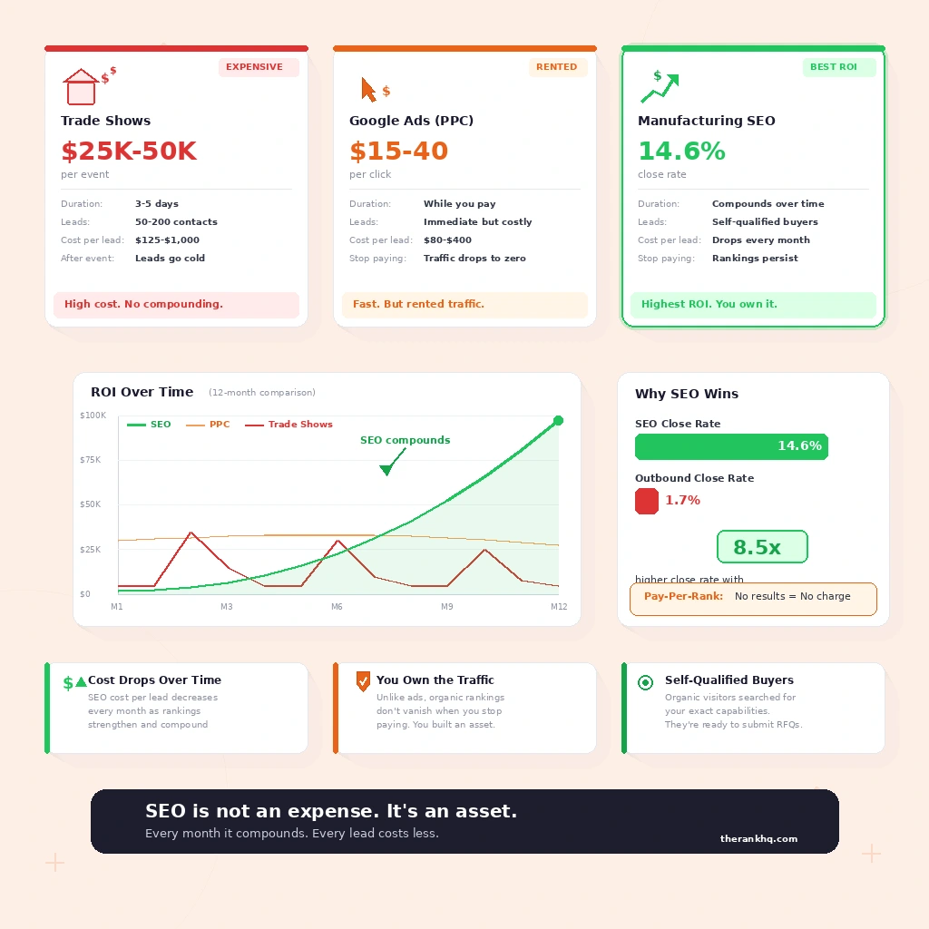 Manufacturing SEO ROI comparison – SEO vs PPC vs trade shows with compounding growth chart and 14.6% close rate