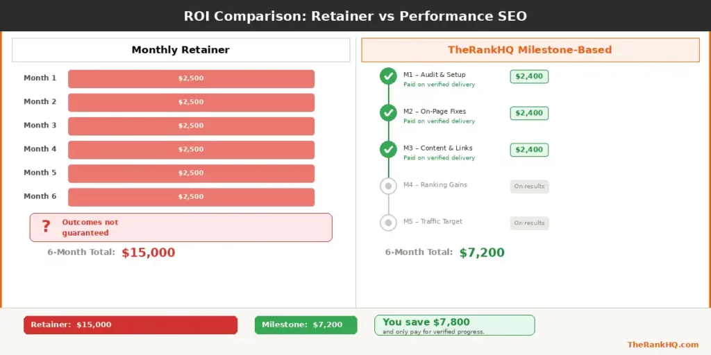 ROI comparison of performance-based SEO vs retainer SEO pricing over 6 months
