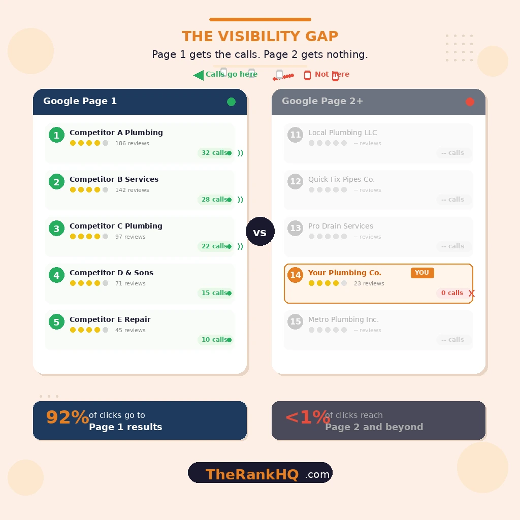 Page one vs page two visibility gap showing why plumbing companies lose calls to competitors