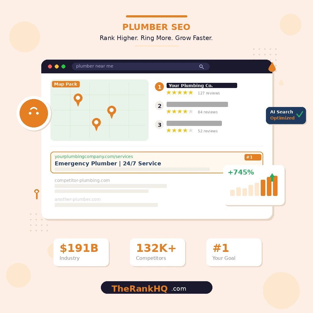 Plumber SEO results showing number one Google Map Pack ranking, organic search position, and 745 percent traffic growth