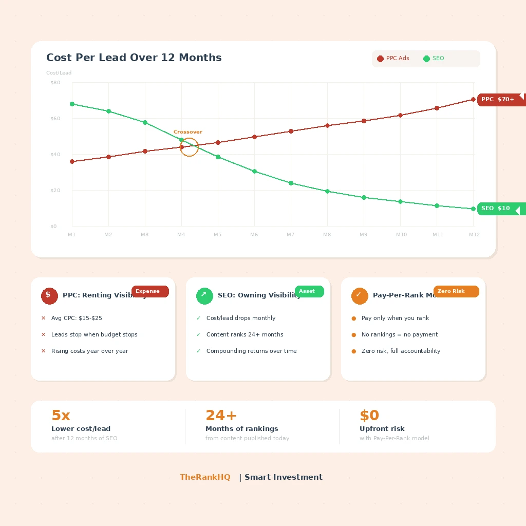 Cost per lead comparison showing SEO compounding returns versus rising PPC costs over 12 months
