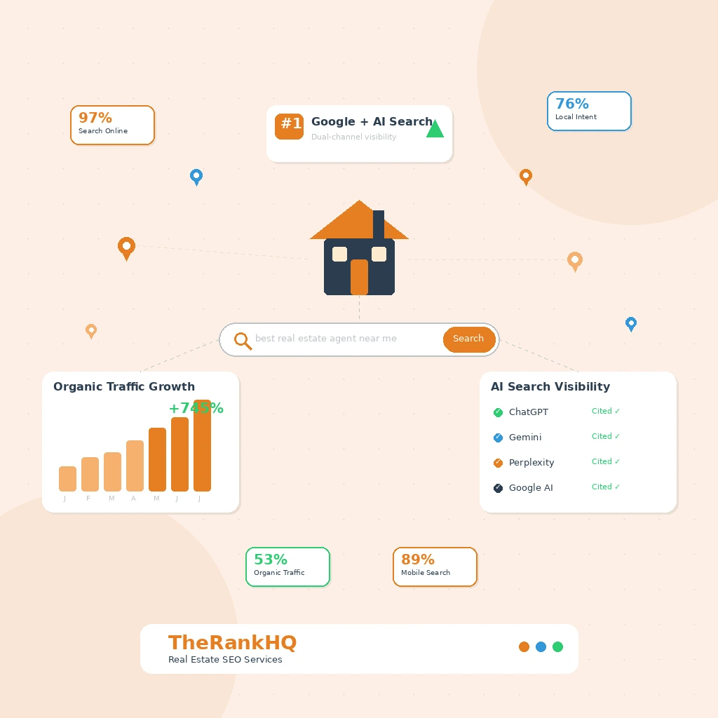 Real estate SEO services by TheRankHQ featuring dual-channel ranking on Google and AI search engines