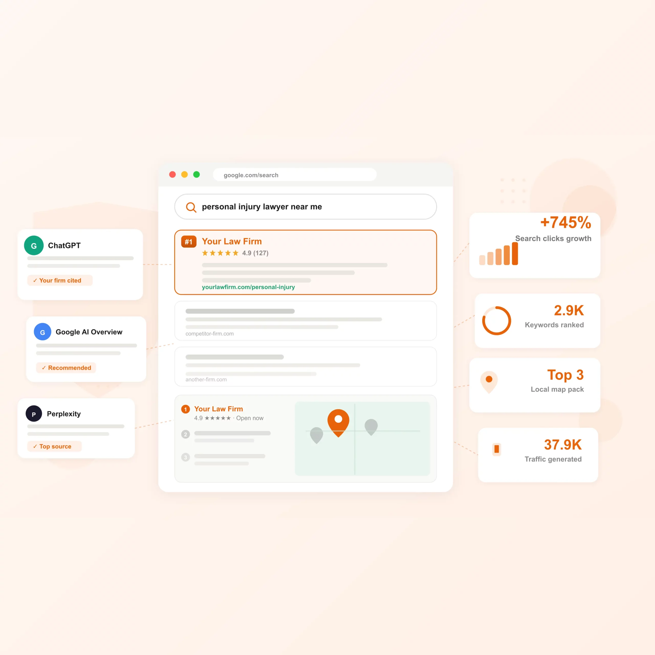 Law firm ranking #1 on Google search, local map pack, and AI platforms like ChatGPT and Perplexity