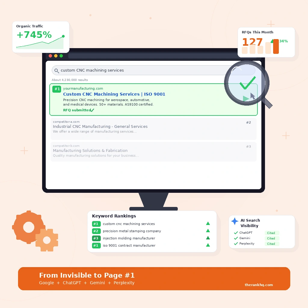 SEO for manufacturing companies – Google rankings, RFQ growth, and AI search visibility dashboard