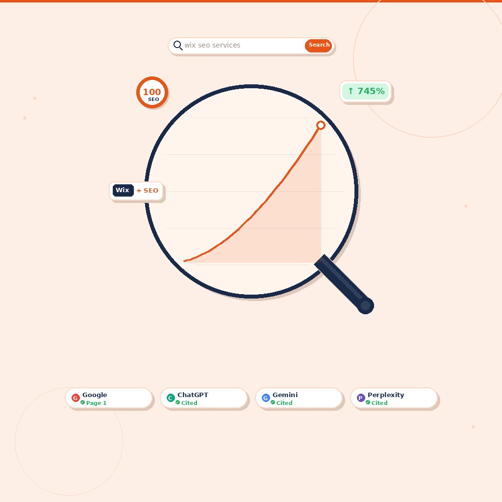Wix SEO services growth curve inside magnifying glass with AI search citations