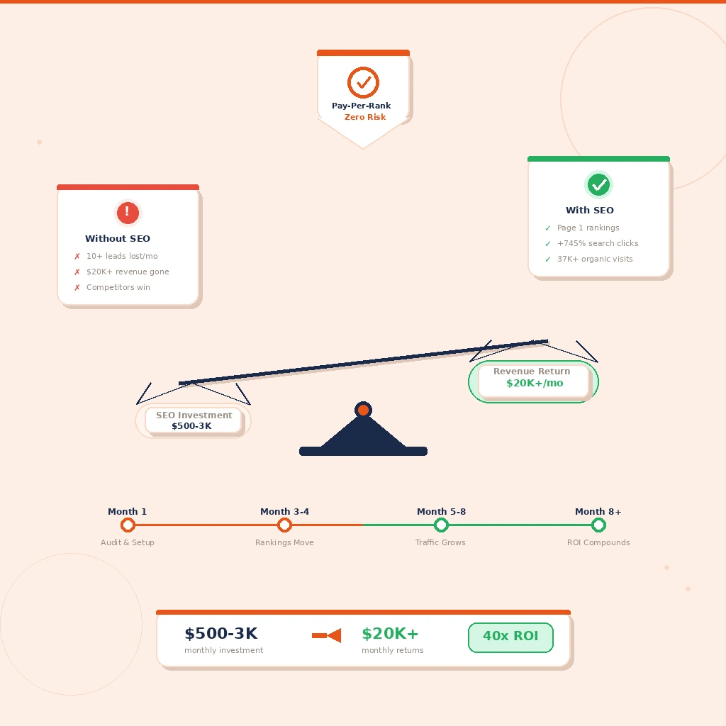 Wix SEO investment vs return showing Pay-Per-Rank model and 40x ROI
