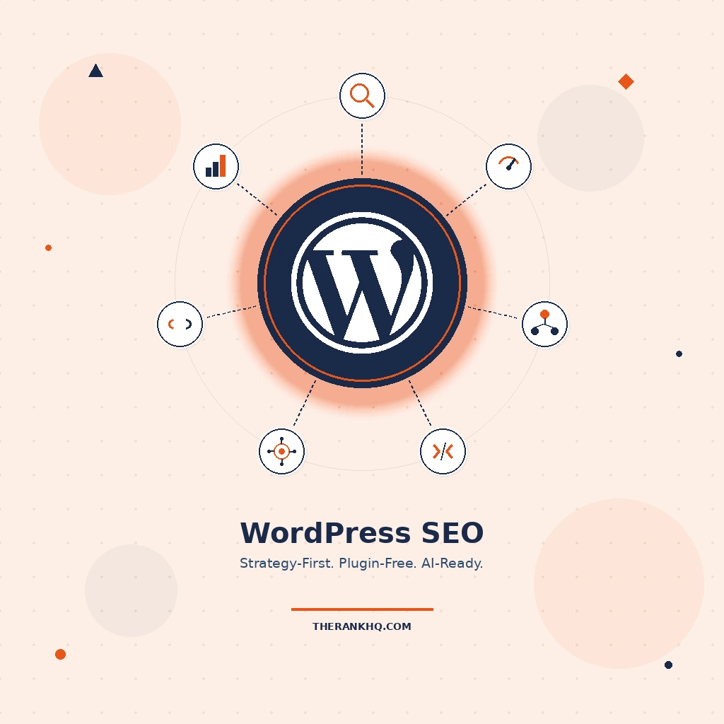 WordPress SEO services hub with strategy nodes for search, speed, architecture, and AI optimization