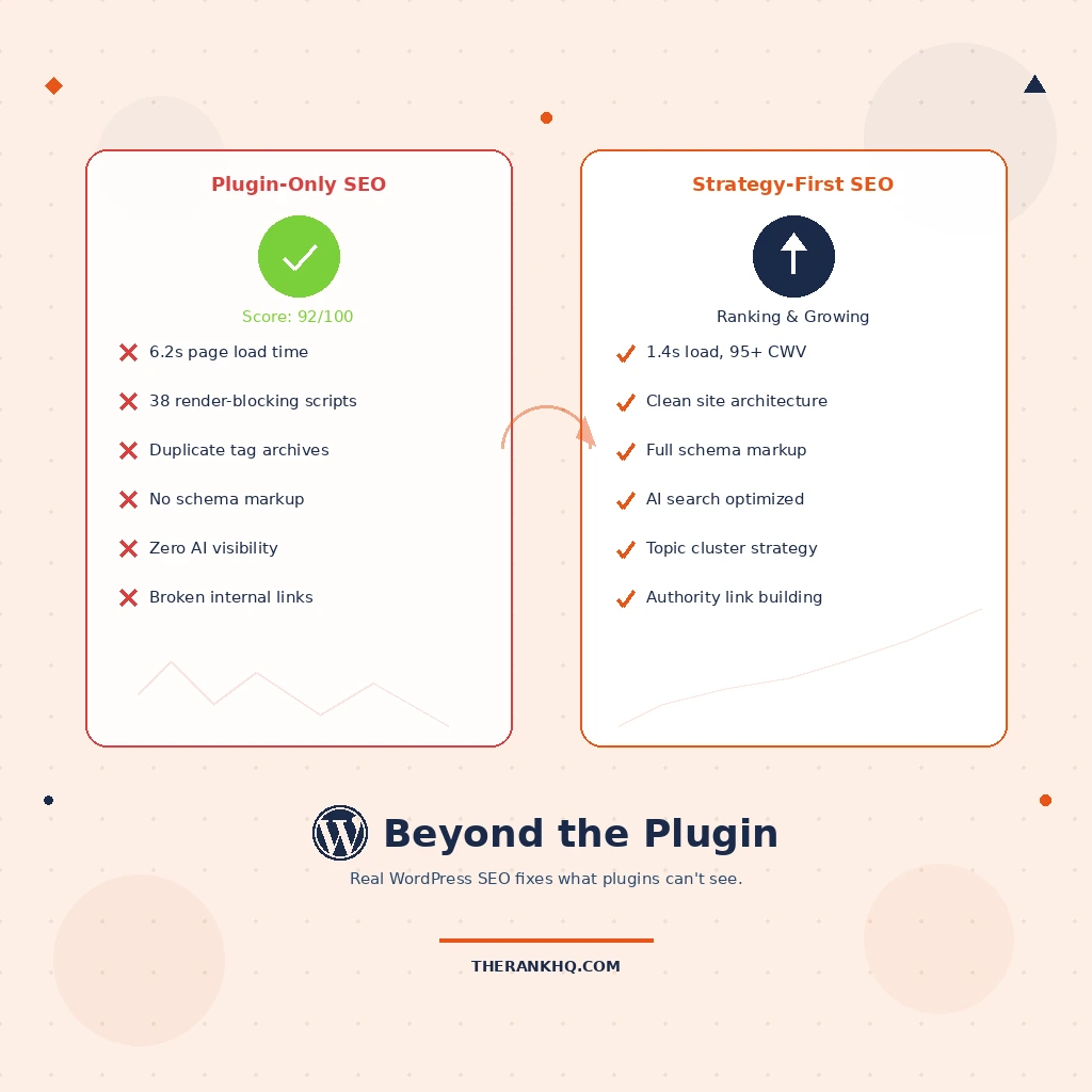 Plugin-only SEO versus strategy-first WordPress SEO comparison showing hidden site issues behind a green score.
